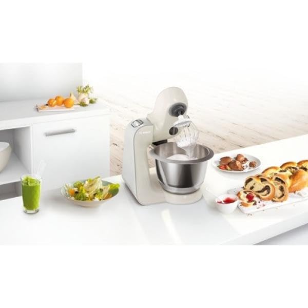 Bosch Küchenmaschine MUM5 CreationLine MUM58L20, Edelstahl-Schüssel 3,9 L, Mixer 1,25 L, Planetenrührwerk, Knethaken, Schlag- und Rührbesen Edelstahl, Durchlaufschnitzler, 3 Scheiben, 1000 W, grau