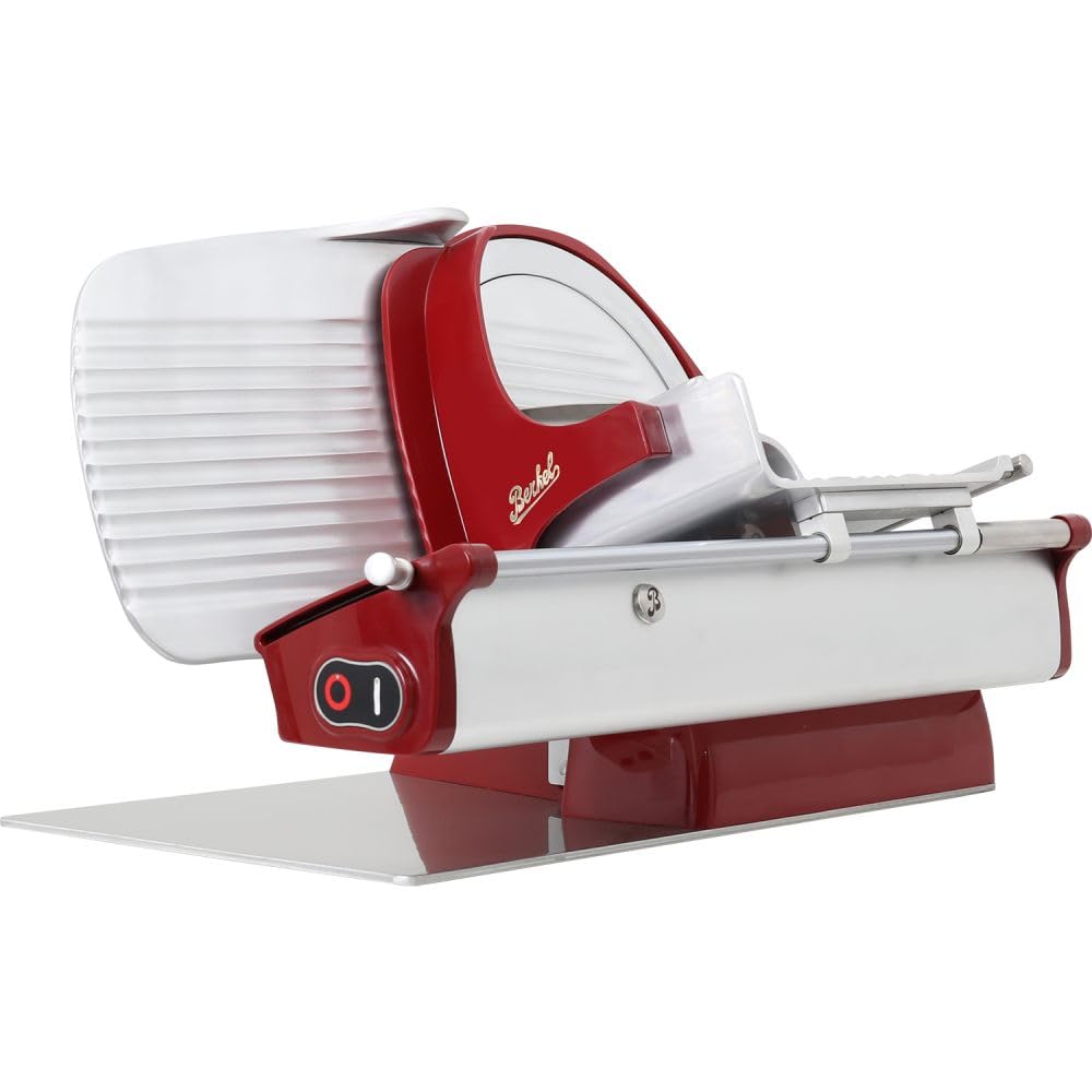 Berkel Home Line 250, Premium-Aufschnittmaschine in Rot + passendes Einlegebrett aus Weinfassholz, Sonderangebot der Schneidemaschine