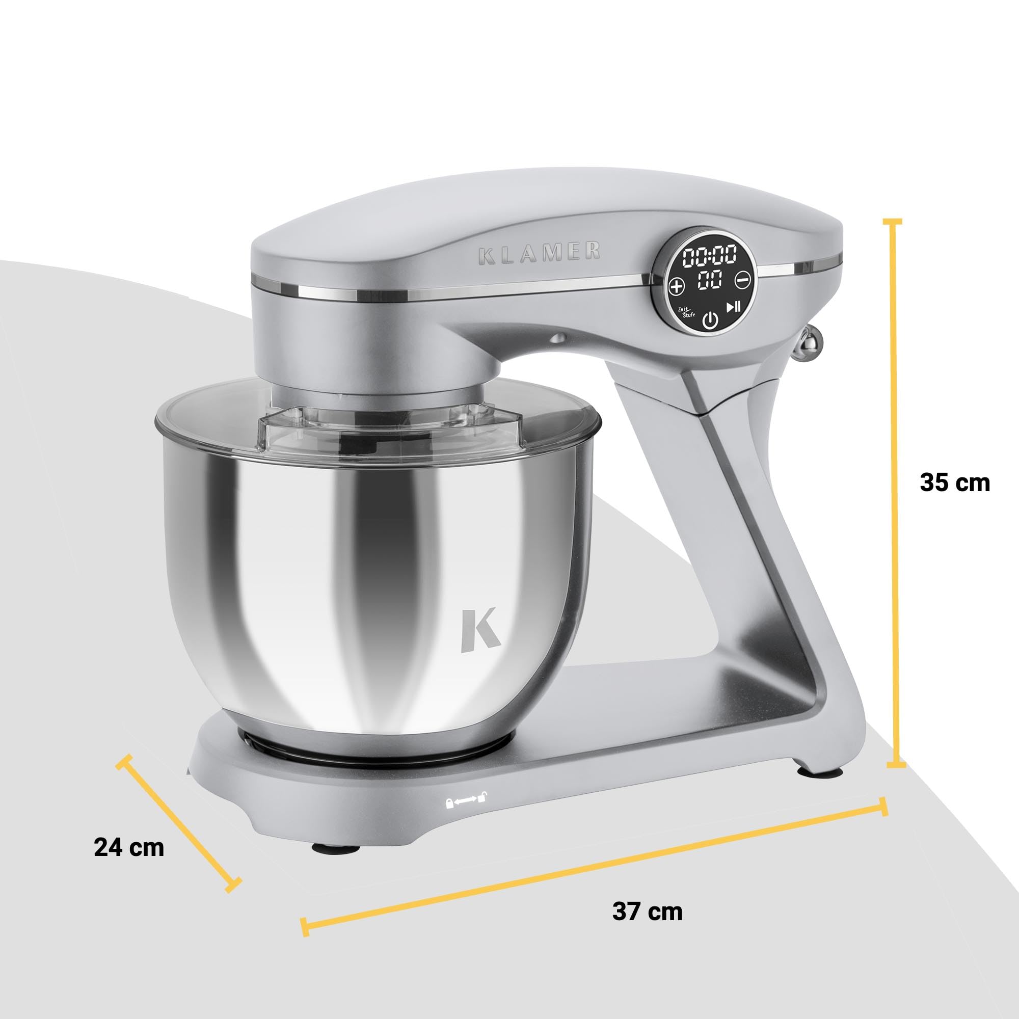 KLAMER Küchenmaschine 1800W, Knetmaschine Brotteig mit Edelstahl-Rührschüssel 6 L, 10 Stufen mit Timer, Planetenrührwerk, Rührbesen, Knethaken, Schneebesen & Sichtdeckel (silber)