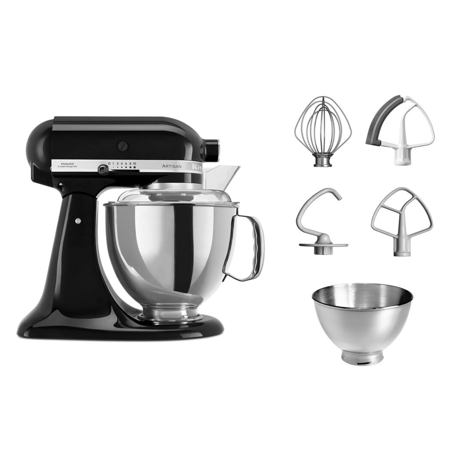 KitchenAid Küchenmaschine - Artisan - Kippbarem Food Processor - Teigknetmaschine mit 5 Zubehör - 2 Schüsseln aus Edelstahl - 4.8 L - Schwarz