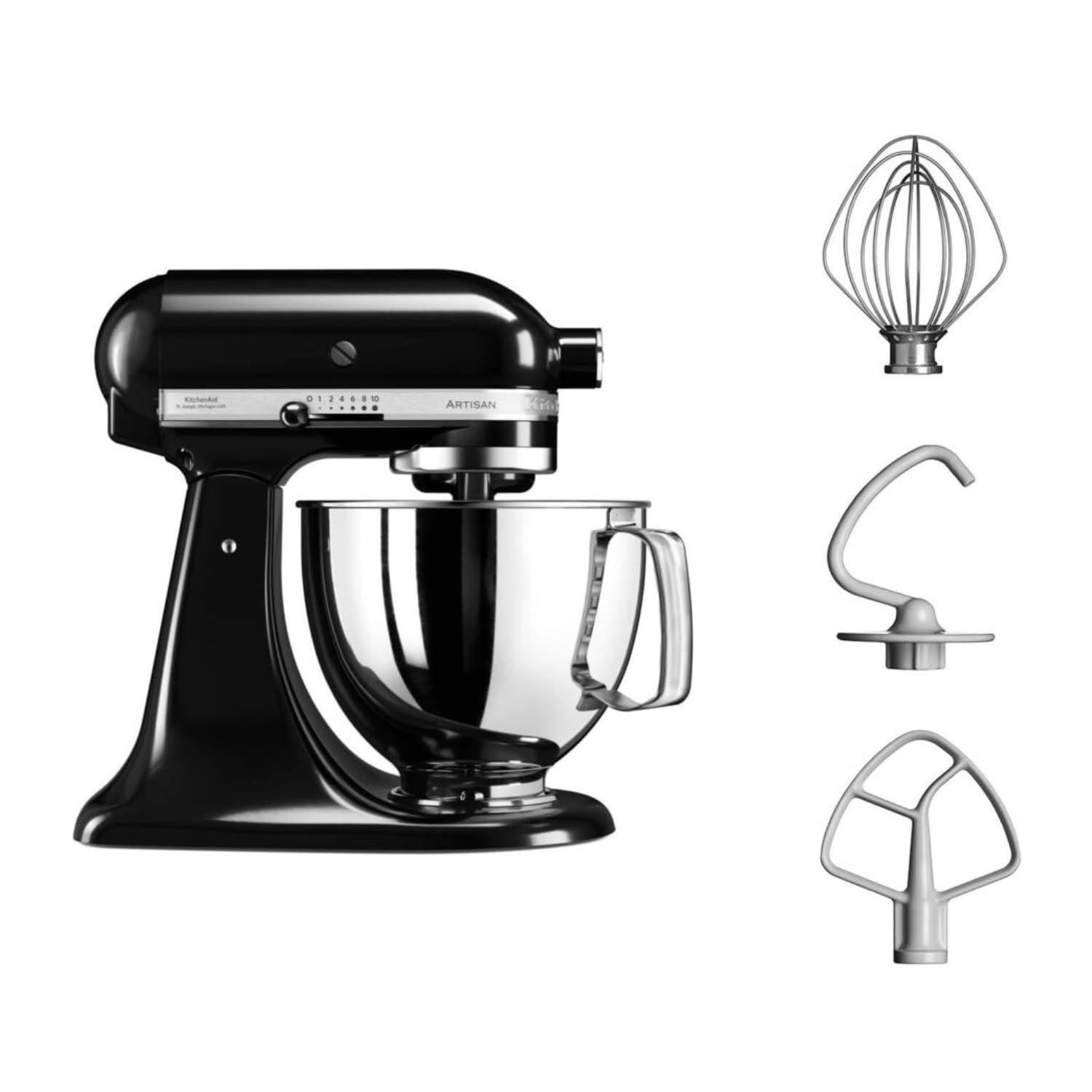 KitchenAid Küchenmaschine I Artisan I Kippbarem Food Processor I Teigknetmaschine mit 4 Zubehör | Schüssel aus Edelstahl | 4.8 L | Schwarz