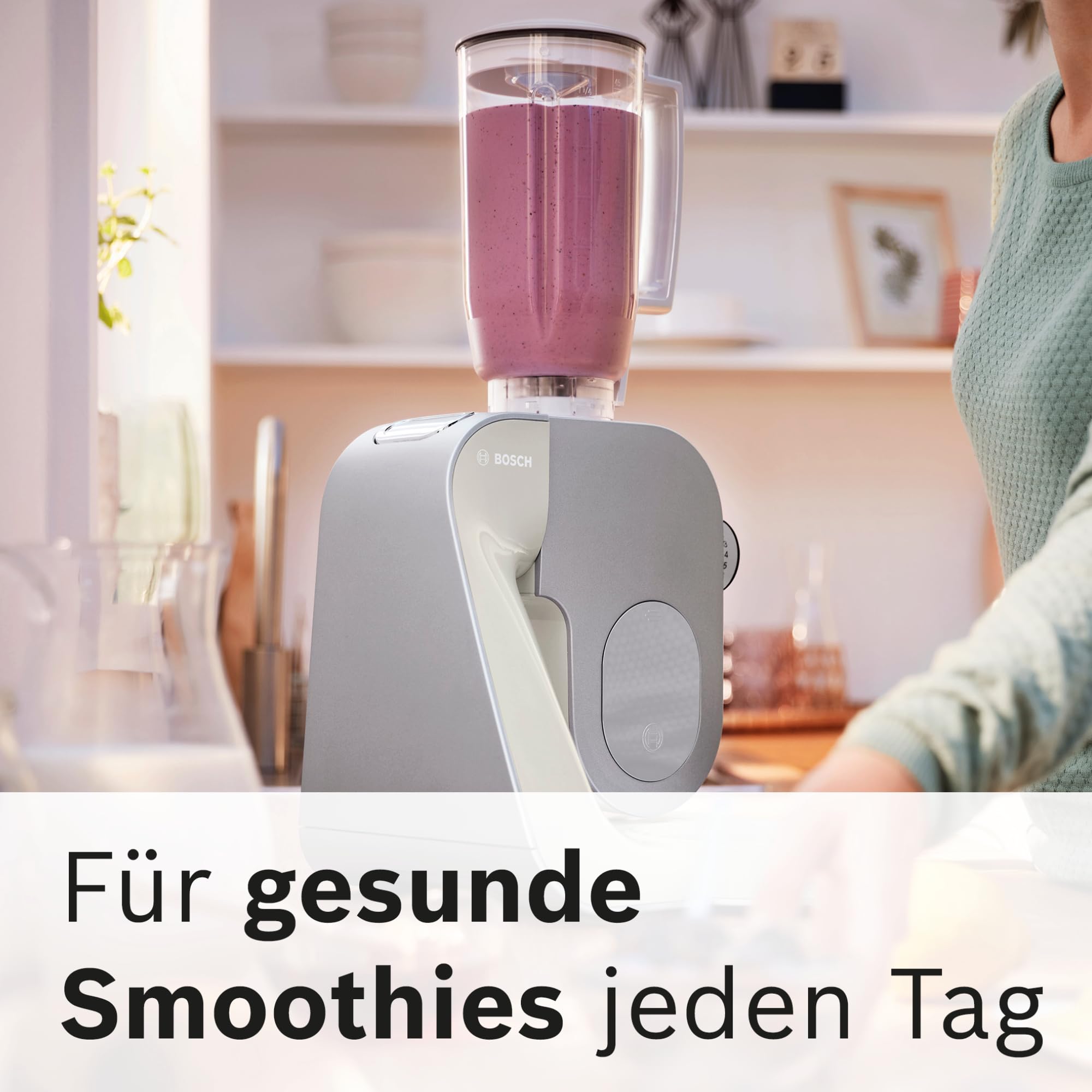 Bosch Küchenmaschine MUM5 CreationLine MUM58L20, Edelstahl-Schüssel 3,9 L, Mixer 1,25 L, Planetenrührwerk, Knethaken, Schlag- und Rührbesen Edelstahl, Durchlaufschnitzler, 3 Scheiben, 1000 W, grau
