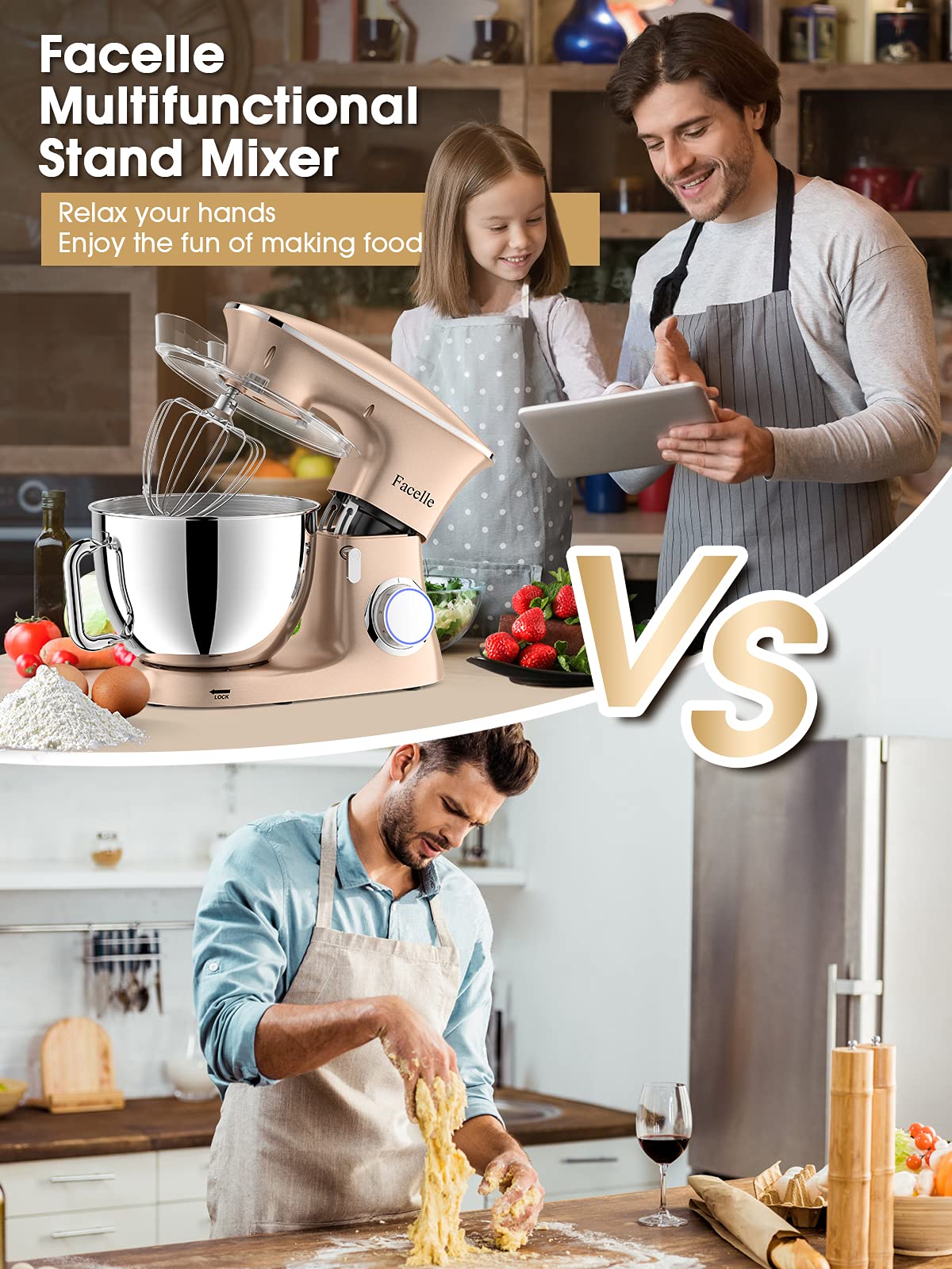 Küchenmaschine Knetmaschine 2000W 8,5L Facelle Teigknetmaschine Teigmaschine Rührmaschine mit Schneebesen, Knethaken, Rührbesen & Spritzschutz zum Backen, Kuchen, Kekse, Kneten, 6+P Geschwindigkeit