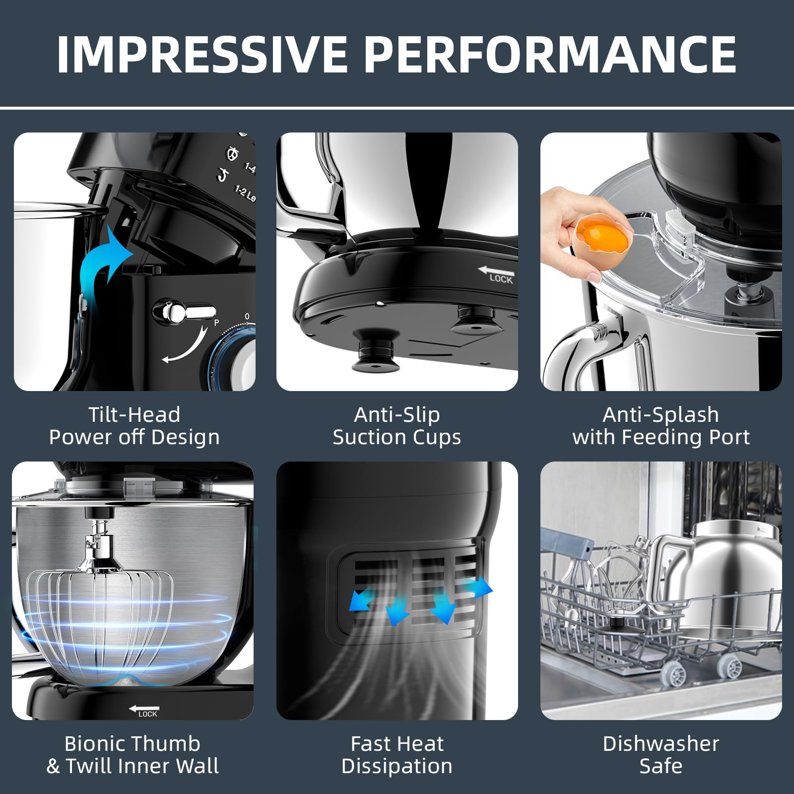 Küchenmaschine Knetmaschine 2000W Teigmaschine Rührmaschine mit 6,5L Edelstahl Schüssel 6 Geschwindigkeiten Geräuscharme Teigknetmaschine inkl Rührbesen, Knethaken, Schläger und Spritzschutz