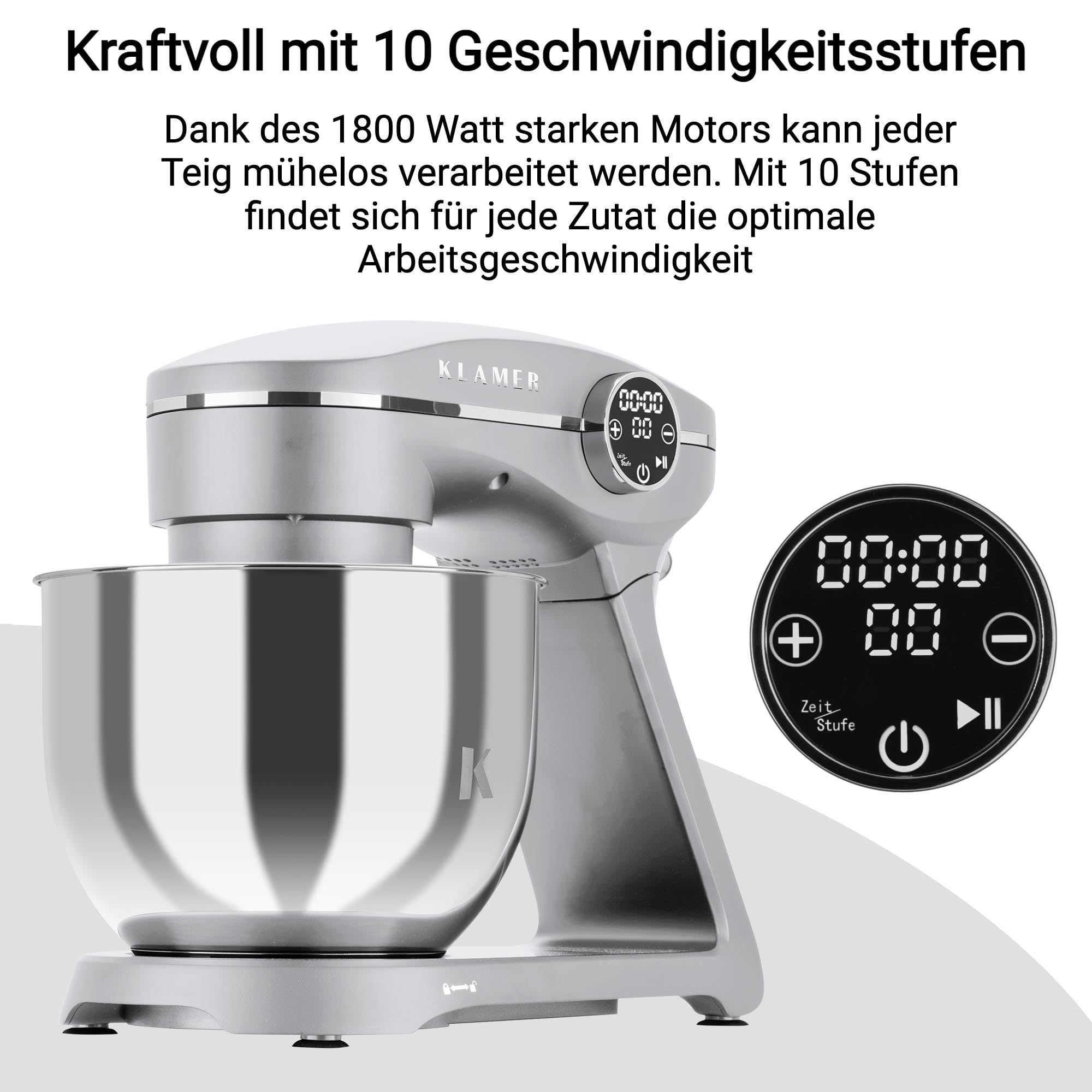 KLAMER Küchenmaschine 1800W, Knetmaschine Brotteig mit Edelstahl-Rührschüssel 6 L, 10 Stufen mit Timer, Planetenrührwerk, Rührbesen, Knethaken, Schneebesen & Sichtdeckel (silber)