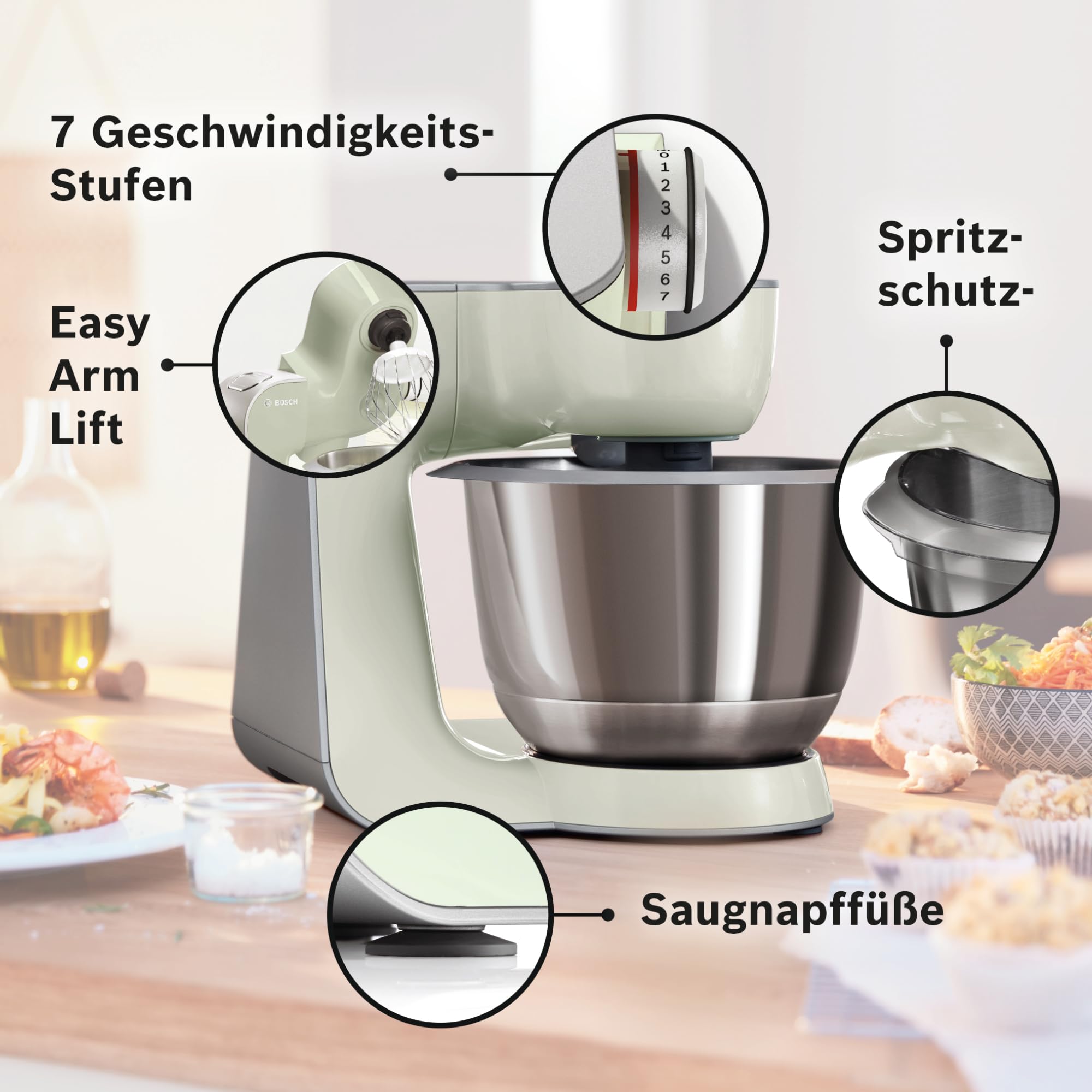 Bosch Küchenmaschine MUM5 CreationLine MUM58L20, Edelstahl-Schüssel 3,9 L, Mixer 1,25 L, Planetenrührwerk, Knethaken, Schlag- und Rührbesen Edelstahl, Durchlaufschnitzler, 3 Scheiben, 1000 W, grau