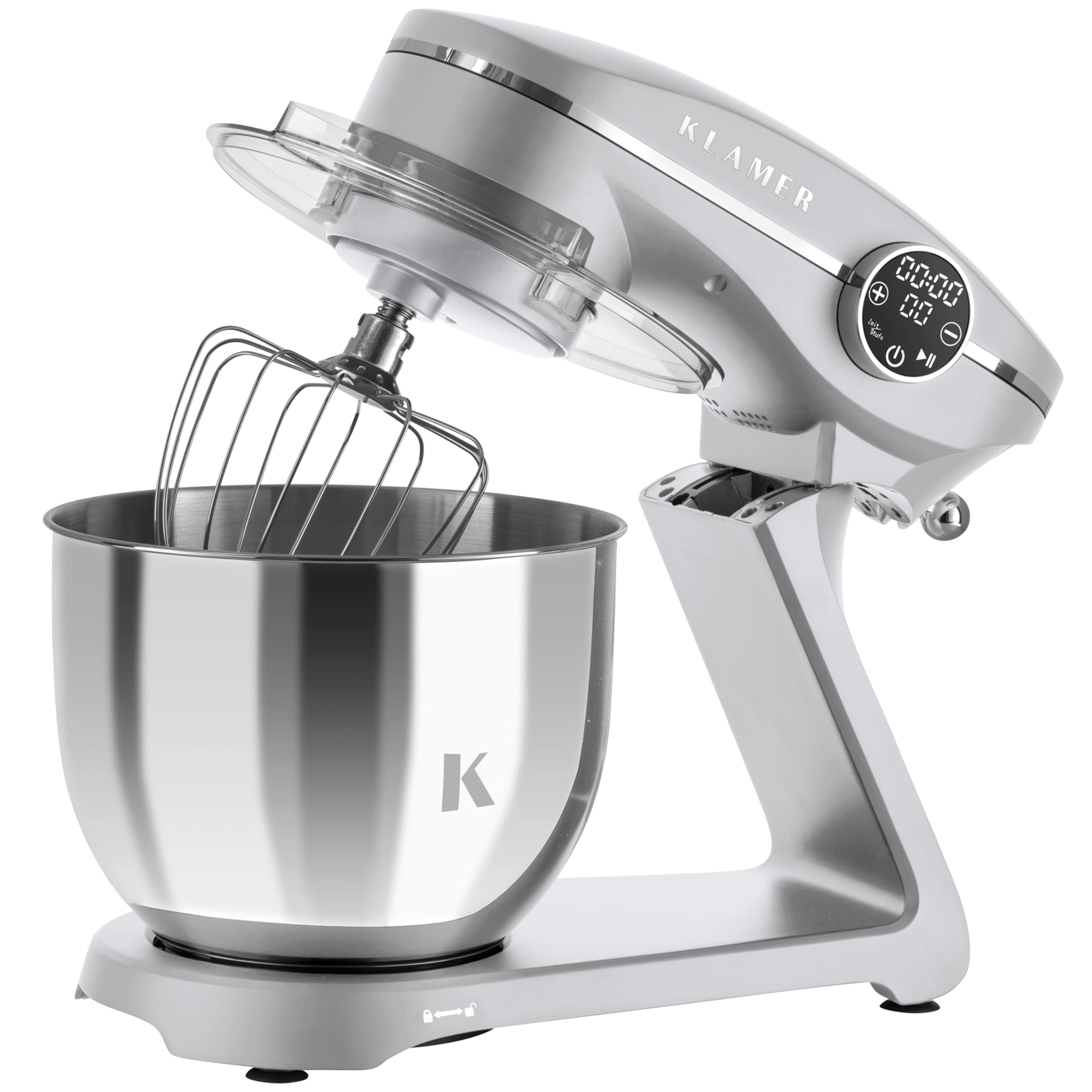 KLAMER Küchenmaschine 1800W, Knetmaschine Brotteig mit Edelstahl-Rührschüssel 6 L, 10 Stufen mit Timer, Planetenrührwerk, Rührbesen, Knethaken, Schneebesen & Sichtdeckel (silber)