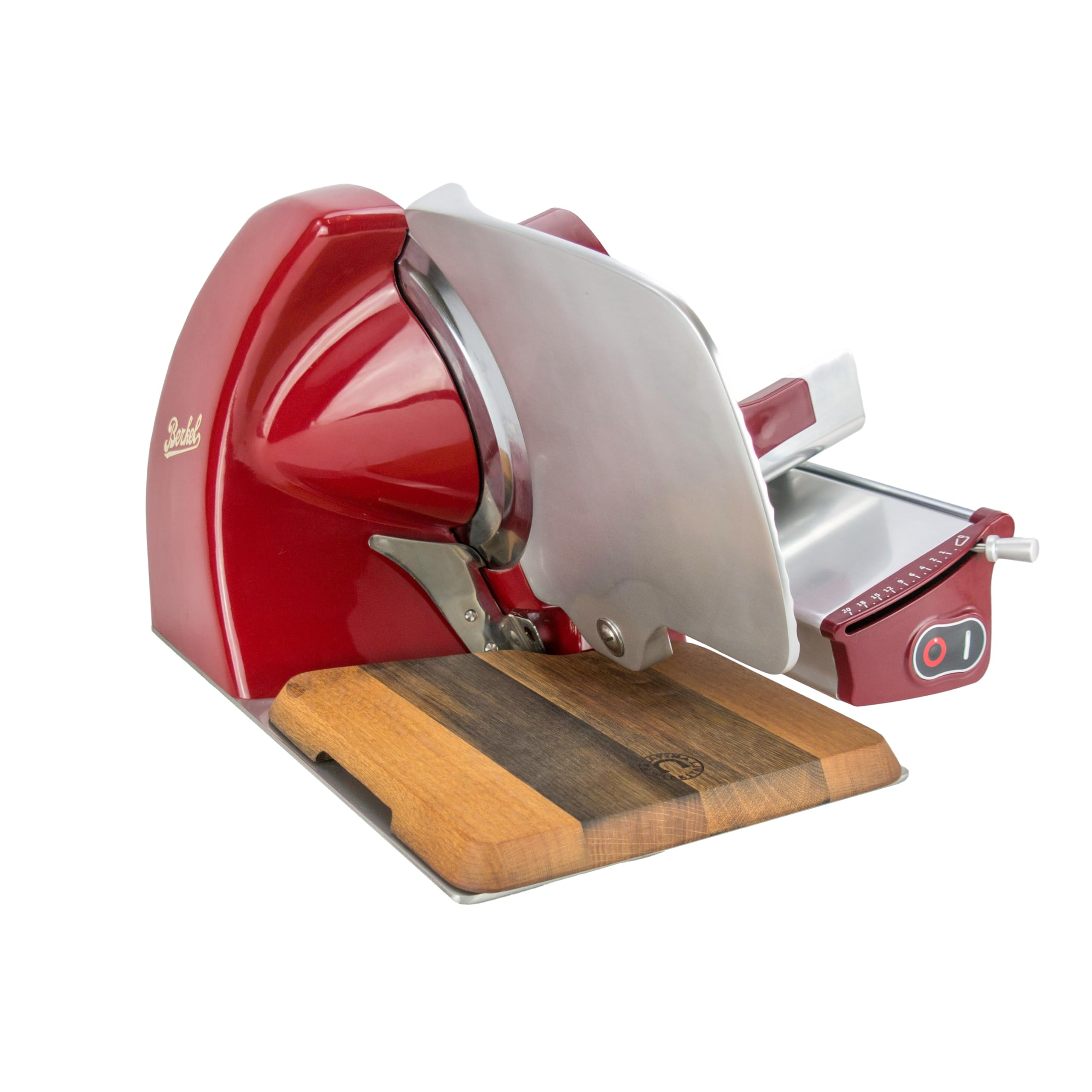 Berkel Home Line 250, Premium-Aufschnittmaschine in Rot + passendes Einlegebrett aus Weinfassholz, Sonderangebot der Schneidemaschine