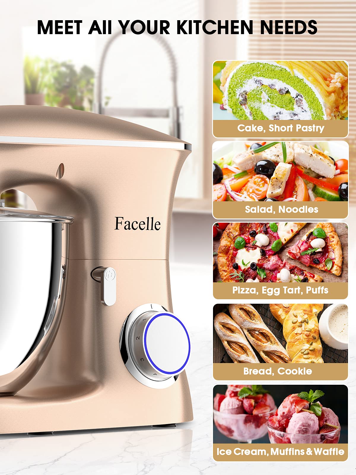 Küchenmaschine Knetmaschine 2000W 8,5L Facelle Teigknetmaschine Teigmaschine Rührmaschine mit Schneebesen, Knethaken, Rührbesen & Spritzschutz zum Backen, Kuchen, Kekse, Kneten, 6+P Geschwindigkeit