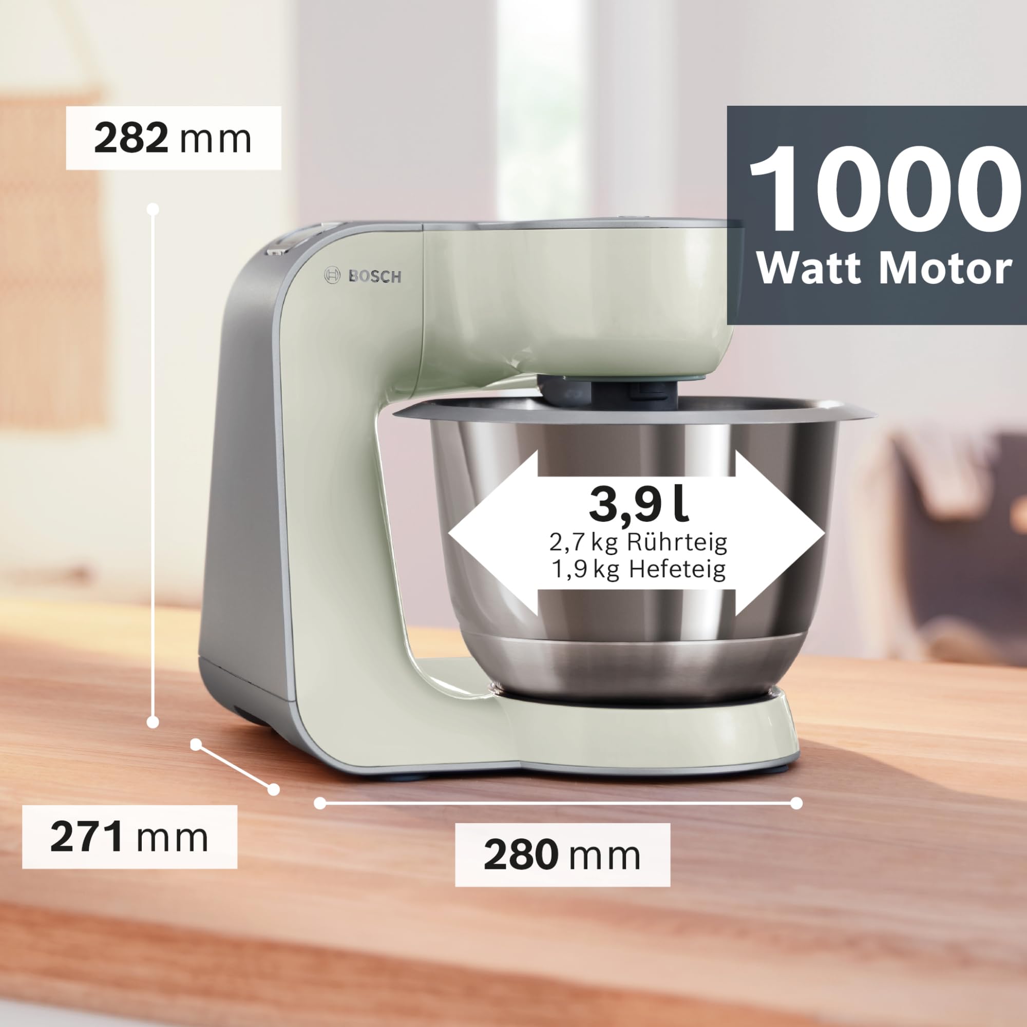 Bosch Küchenmaschine MUM5 CreationLine MUM58L20, Edelstahl-Schüssel 3,9 L, Mixer 1,25 L, Planetenrührwerk, Knethaken, Schlag- und Rührbesen Edelstahl, Durchlaufschnitzler, 3 Scheiben, 1000 W, grau