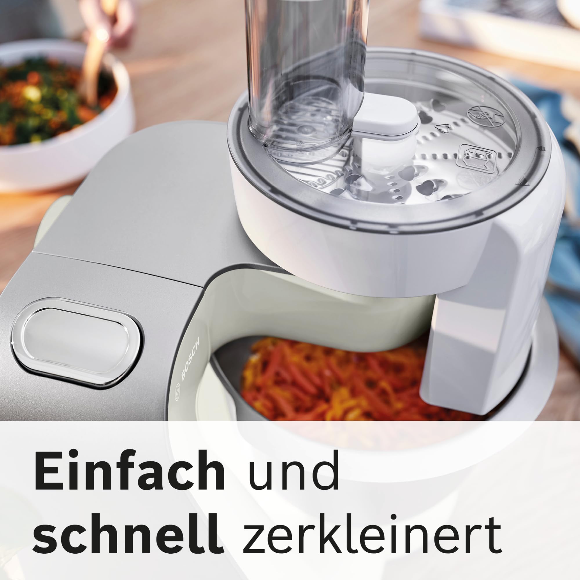 Bosch Küchenmaschine MUM5 CreationLine MUM58L20, Edelstahl-Schüssel 3,9 L, Mixer 1,25 L, Planetenrührwerk, Knethaken, Schlag- und Rührbesen Edelstahl, Durchlaufschnitzler, 3 Scheiben, 1000 W, grau