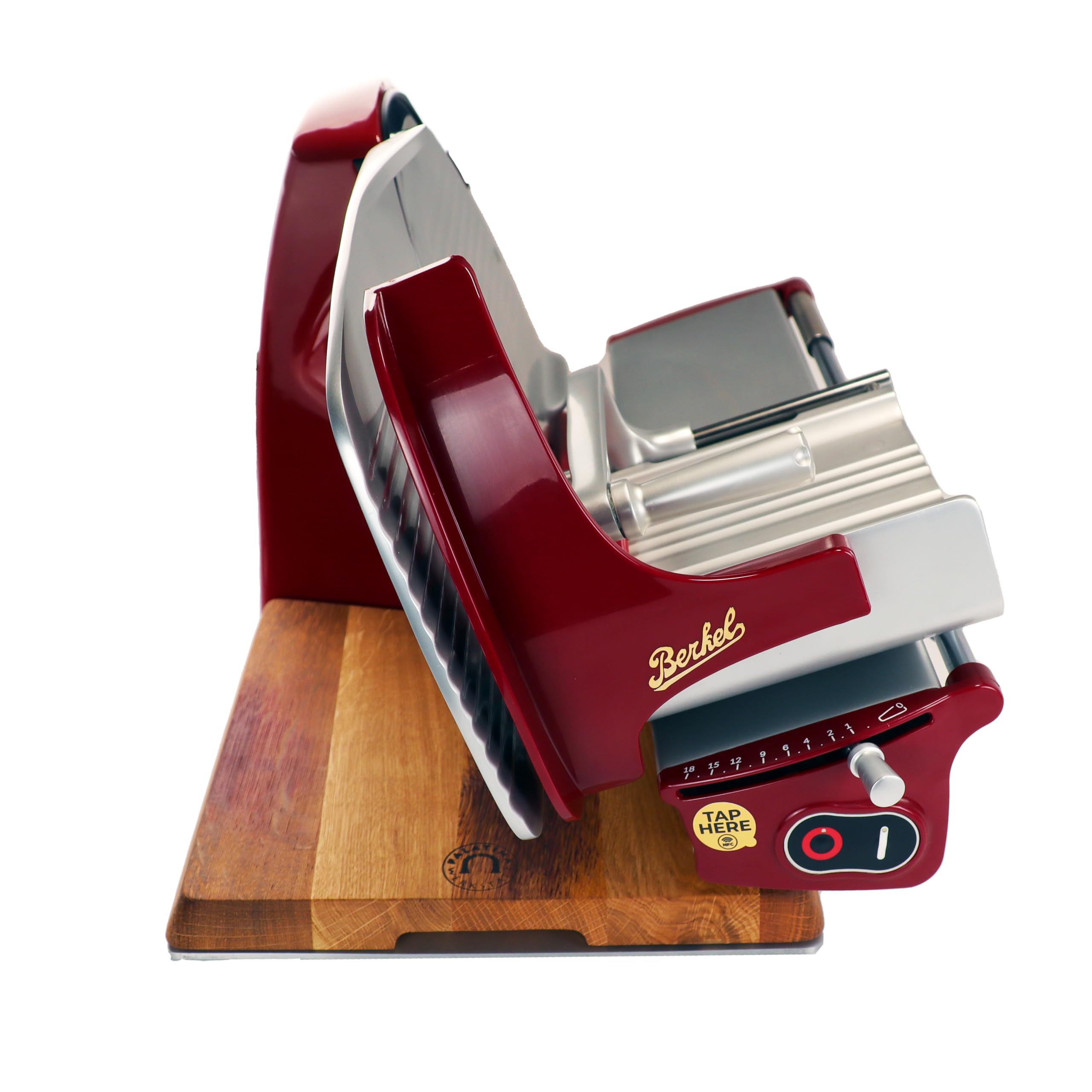 Berkel Home Line 250, Premium-Aufschnittmaschine in Rot + passendes Einlegebrett aus Weinfassholz, Sonderangebot der Schneidemaschine