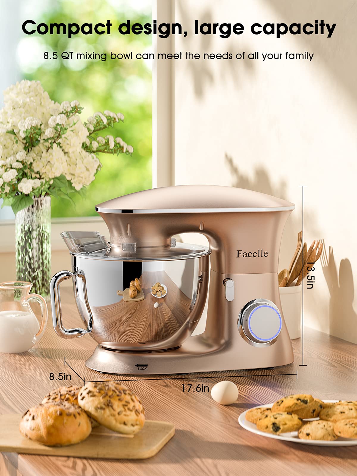 Küchenmaschine Knetmaschine 2000W 8,5L Facelle Teigknetmaschine Teigmaschine Rührmaschine mit Schneebesen, Knethaken, Rührbesen & Spritzschutz zum Backen, Kuchen, Kekse, Kneten, 6+P Geschwindigkeit