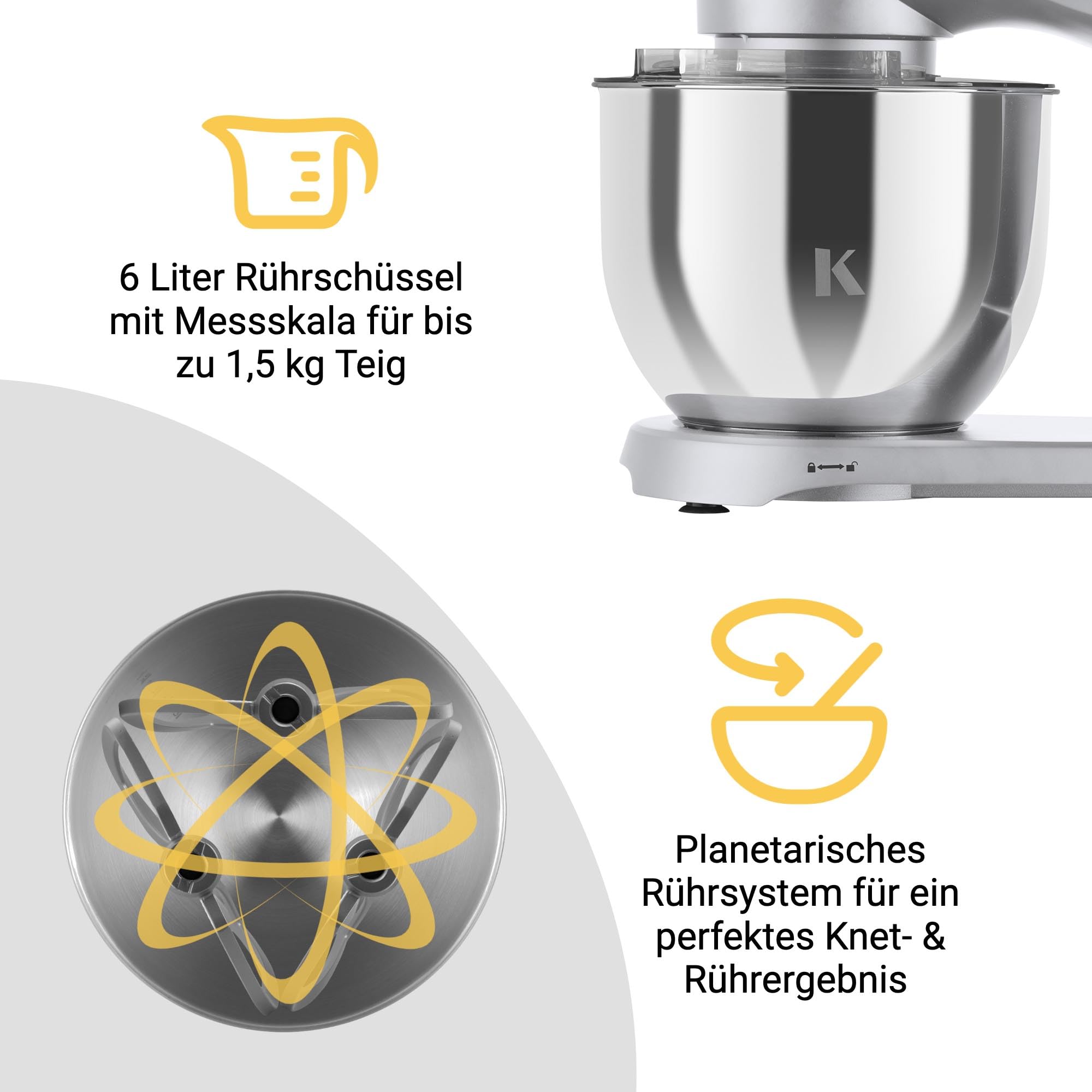 KLAMER Küchenmaschine 1800W, Knetmaschine Brotteig mit Edelstahl-Rührschüssel 6 L, 10 Stufen mit Timer, Planetenrührwerk, Rührbesen, Knethaken, Schneebesen & Sichtdeckel (silber)