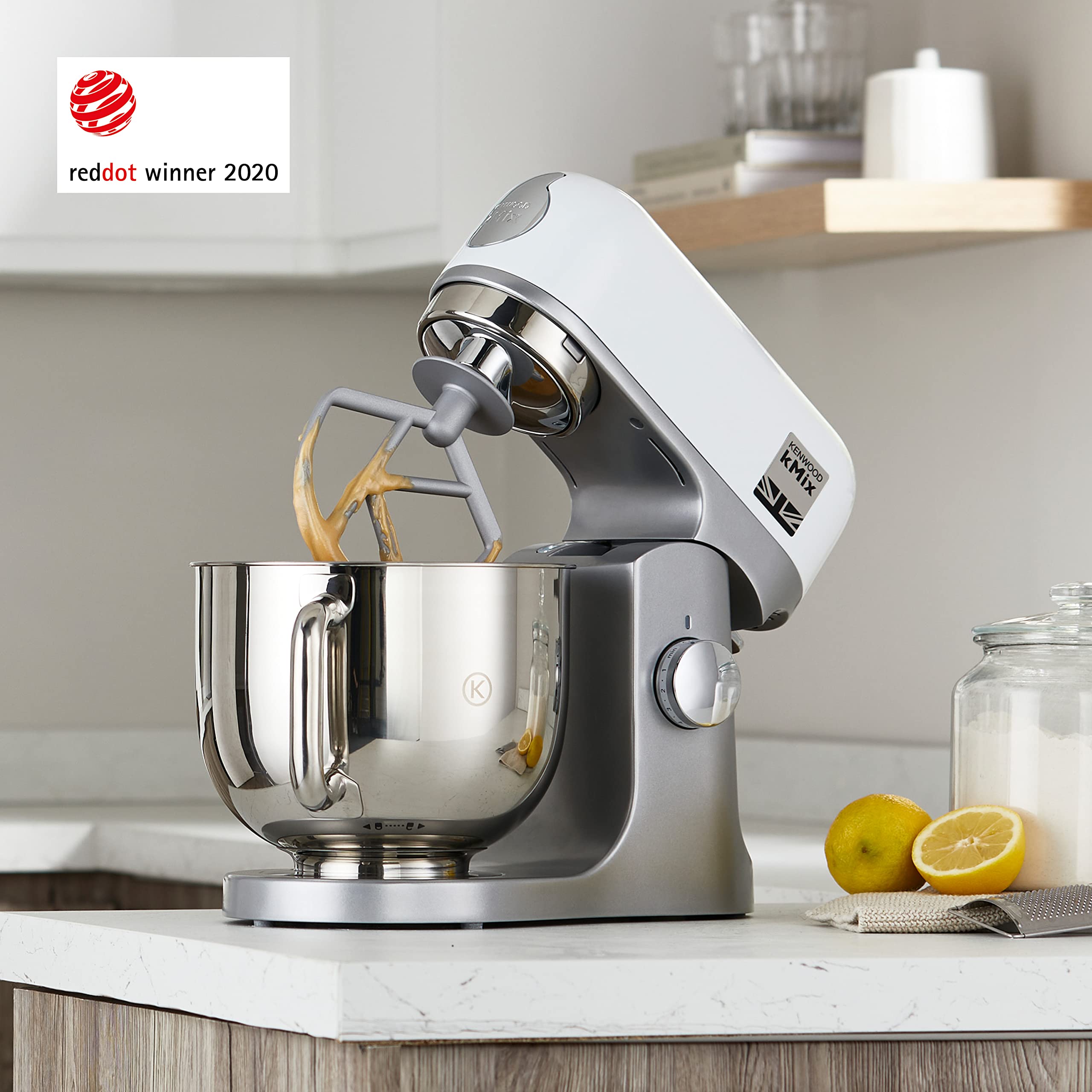 Kenwood kMix KMX750WH Küchenmaschine, 5 l Edelstahl Schüssel, Safe-Use-Sicherheitssystem, Metallgehäuse, 1000 Watt, inkl. 3-Teiligem Patisserie-Set und Spritzschutz, Weiß